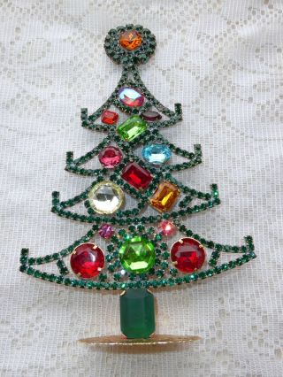 Vintage Green Czech Rhinestone Christmas Tree Standing