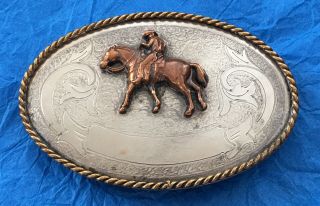 Vtg Rare Western German Silver & Bronze Horse & Rider Justin Trophy Belt Buckle