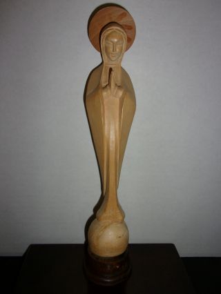 Vtg Anri Virgin Mary Hand Carved Wood Figure Statue W/ Sticker 9 " Tall