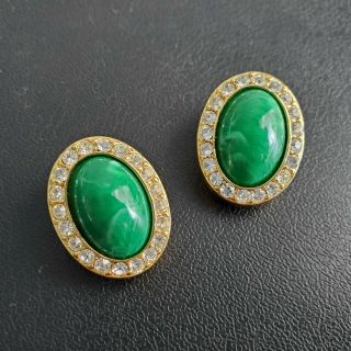 Signed Kjl Kenneth Jay Lane Vintage Green Glass Pave Crystal Clip Earrings N29