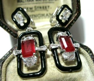 Vintage Art Deco Style Sterling Silver Ruby Crystal Enamel Earrings