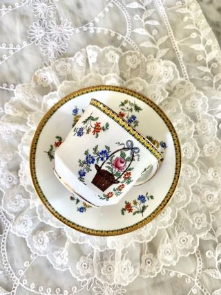 Vintage Aynsley Ribbon Bow Flower Basket Tea Cup And Saucer