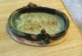 Vintage Asian Folk Art Pottery Trinket Dish,  Figures Leaning Over Edge Of Pool