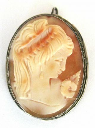 Vintage Shell Cameo Brooch/pin/pendant Woman/lady W/silver Tone Rope Oval Frame
