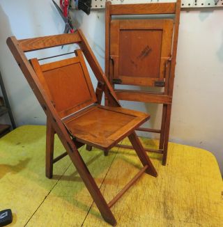 2 Vintage Child Folding Chairs Wood Slats Metal Closes Flat Pat.  1918