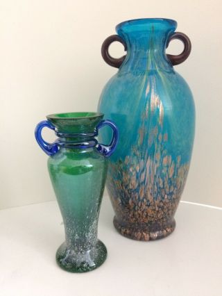 Vtg Mid Century Murano Seguso Style Blue Gold Green Vase Handle Art Glass 10 " /8 "