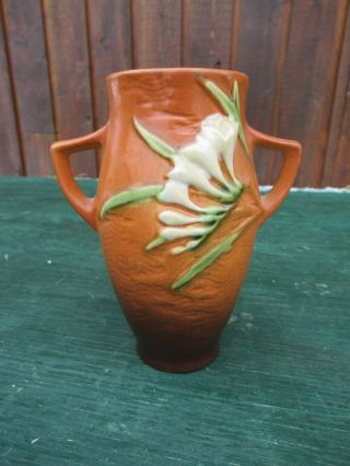 Vintage Brown Roseville Pottery Freesia Orange Vase 117 - 6 " Great