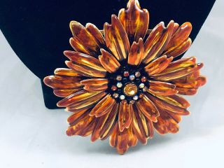 Vtg.  Joan Rivers Copper Enamel & Ab Rhinestone Large Mum Flower Brooch