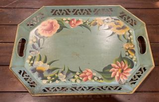 Large (18 " X 13.  5 ") Vintage Antique Hand Painted Reticulated Tole Toleware Tray