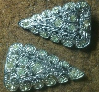 Vintage Art Deco Symmetrical Pairtriangle Rhinestones Silver Plated Fur Clips