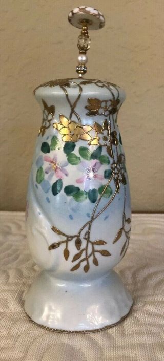Vtg.  Porcelain Floral Gold Guilded 6 " Nippon Hat Pin Holder Hand Painted W/ 1 Pin