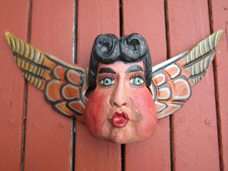 Vintage Winged Cherub Angel Mexican Dance Mask,  Wooden,  Hand Carved