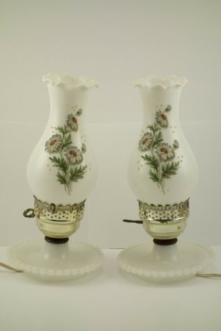 Pair Vintage Fenton Milk Glass Hand Painted Hobnail Boudoir Table Lamp