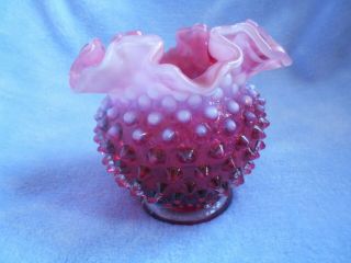 Vintage Fenton Art Glass Cranberry Opalescent Hobnail Ruffled Top Bowl Vase
