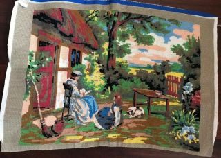 Vintage Needlepoint Canvas Old World Scene Completed Large 27”x18 1/2”
