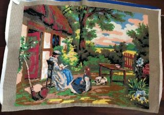 Vintage Needlepoint Canvas Old World Scene Completed Large 27”x18 1/2” 2