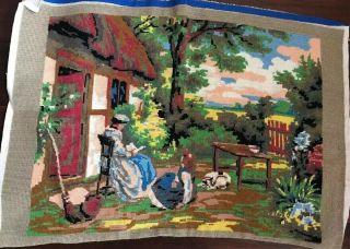 Vintage Needlepoint Canvas Old World Scene Completed Large 27”x18 1/2” 3