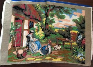 Vintage Needlepoint Canvas Old World Scene Completed Large 27”x18 1/2” 4