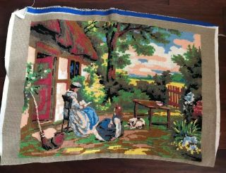 Vintage Needlepoint Canvas Old World Scene Completed Large 27”x18 1/2” 5