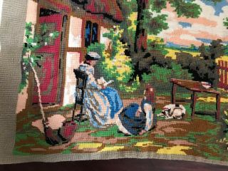 Vintage Needlepoint Canvas Old World Scene Completed Large 27”x18 1/2” 6