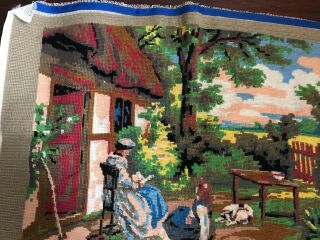 Vintage Needlepoint Canvas Old World Scene Completed Large 27”x18 1/2” 7