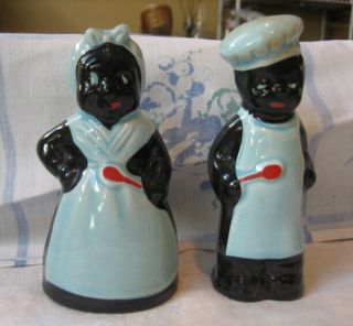 Vintage Black Americana Aunt Jemima - Chef Salt Pepper Shakers - Blue Clothing Htf