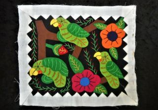 Vtg Hand Embroidered Applique Tropical Bird Mexican Parrots & Floral Quilt Block