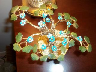 Vintage Stunning Swoboda Gold Bonsai Tree Carved Jade Turquoise Flowers 2
