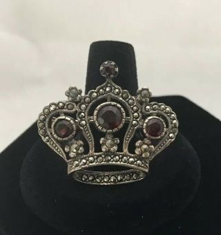 Vintage 925 Sterling Silver Marcasite Garnet Crown Pin Brooch