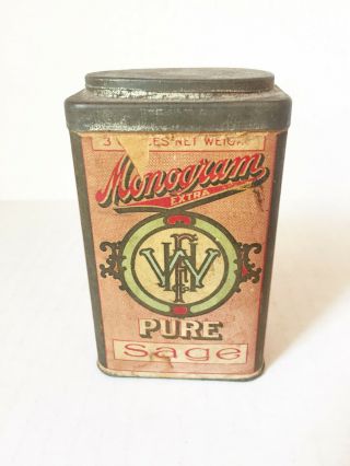 Vintage Monogram Extra Pure Sage Spice Tin 3 Oz Winston Harper Fisher 1/2 Full