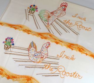 Pair Vtg Hand Embroidered Rule The Rooster Hen Pillowcases Crocheted Lace Trim