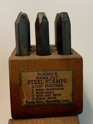 Vintage 9 Pc Young’s Metal Steel Stamping Dies In Wood Box