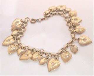 Vintage 7 1/2 " Gold Plate Charm Bracelet W 21 Hearts 8 Have Clear Rhinestones