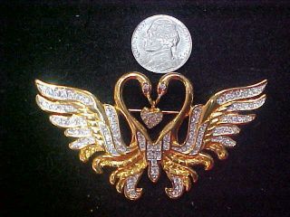 Vintage Nolan Miller Kissing Swans Gold Tone Crystal Rhinestone Pin Brooch