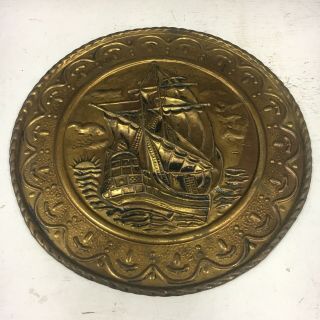 Vintage Round Brass Wall Art Made In England Ship Nautical Metalware Plate 10”
