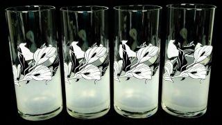4 Vintage Cerve Highball Tumbler Collins Glass Frosted Lily Black & White Italy
