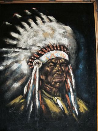 Vintage Black Velvet Painting Native American Indian Chief Large Size 30 " X 40 "
