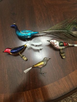 4 - Vintage Glass Christmas Ornaments - Birds On Clip.