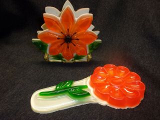 Vintage Lucite Napkin / Letter Holder / Spoon Rest / Orange Flower