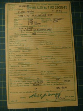 Vintage Car Title Historical Document Ohio 1955 Pontiac 2 Dr Sedan Nr