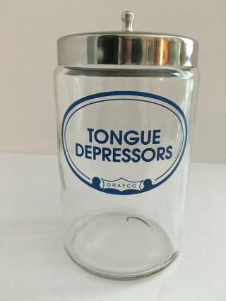 Vintage Grafco Tongue Depressors Glass Jar Stainless Steel Lid Doctor Apothecary