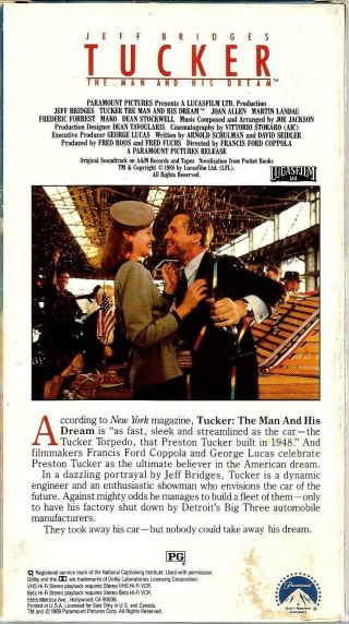 Tucker: The Man and His Dream VHS 1989 Jeff Bridges Joan Allen Martin Landau VTG 2