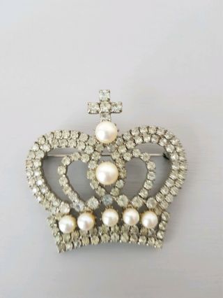 Butler And Wilson Vintage Silver & Pearl Crown Brooch