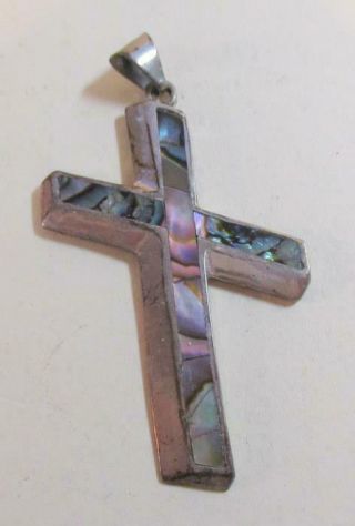 Vintage Taxco Mexico Sterling Silver Cross Pendant With Paua Inlay