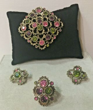 Vintage Sarah Coventry Set Of Brooch,  Earring,  And Ring " Austrian Lites "