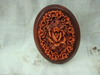 Vintage Deeply Carved Floral Red Oval Celluloid Pin Brooch (m - 15)