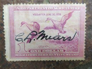 Vintage 1939 One Dollar U S Postage Stamp; Signed Migratory Bird Hunting Stamp