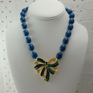 Vintage Trifari Turquoise Sea Blue Enamel Bow Pendant Beaded 17 1/2 " Necklace