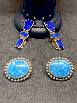 2 Pairs Of Vintage Sterling Silver Earrings Lapis And Turquoise