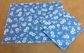 Four Small Vintage Dinner Napkins,  Blue & White Flower Print,  Dots,  Leaves